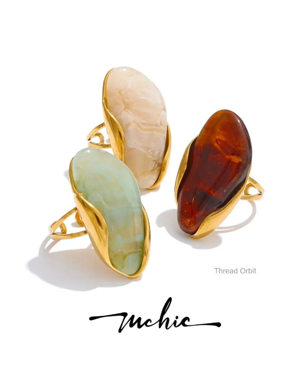 Chunky Oval Acrylic Statement Ring - Adjustable Open Circle, Gold Plated